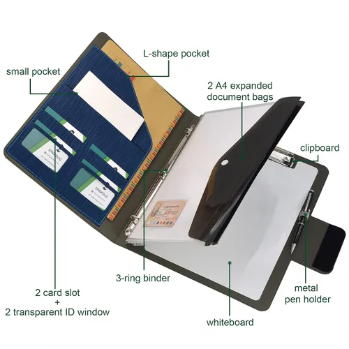 Vista 2 de Carpeta de 3 anillos con portapapeles de pizarra blanca y bolsa de documentos expandida, carpeta de anillos de padfolio organizador de negocios Azul