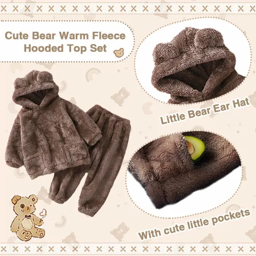 Vista 2 de UVIPC Conjunto de 2 piezas de forro polar para bebé, conjunto de sudadera de oso mullido para niños pequeños