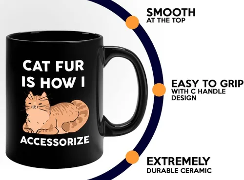 Vista 4 de Taza de café para amantes de los gatos, 11 onzas, color negro, piel de gato Is How I Accessorize, divertido dueño de gatos, gatito, mascota, gato