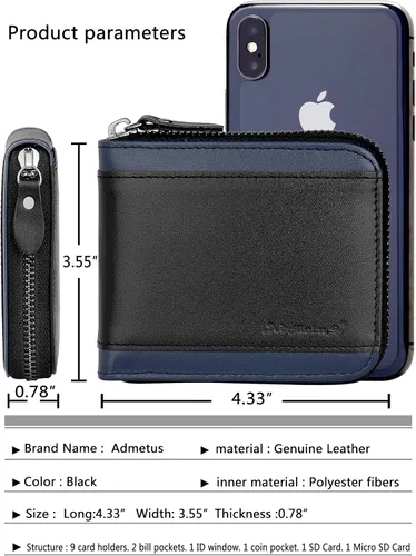 Vista 22 de Admetus Billeteras con bloqueo RFID para hombre, billetera de cuero con cremallera para hombres con tarjetero RFID plegable