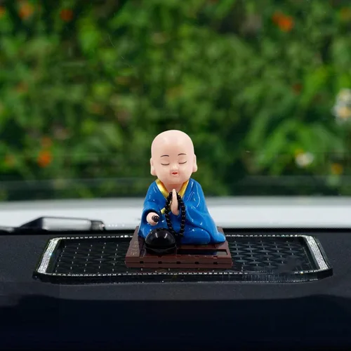 Vista 5 de Gralara Figura de pequeño monje, juguetes solares bailando muñecas con cabeza agitada, adorno de coche de estatua de monjes de Buda, juguete
