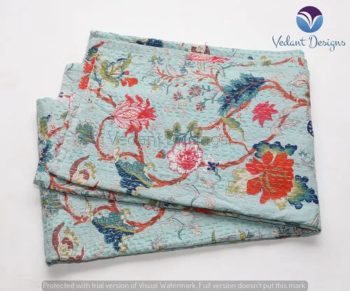 Vista 3 de Colcha Kantha de algodón puro hecho a mano con bloques indios y florales, tamaño individual/queen, colcha bohemia Kantha (verde claro, Queen)