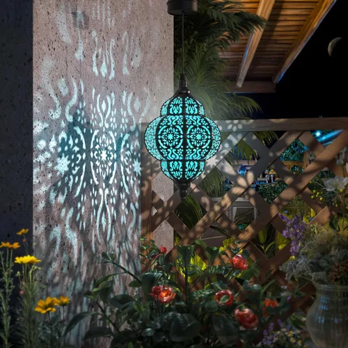 Vista 2 de Hapjoy Luces solares colgantes para decoración de jardín al aire libre, farol solar impermeable de plástico marroquí, decoraciones al aire libre