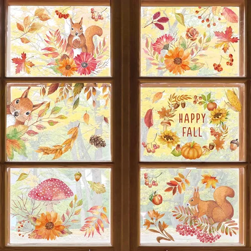 Vista 2 de AnyDesign 6 hojas de calcomanías de otoño para ventana, hojas de otoño, ardilla, calcomanías de ventana de doble cara extraíbles para ventana