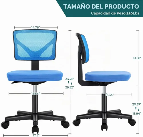 Vista 3 de DUMOS Sillas de oficina pequeñas con ruedas, ergonómicas ajustables para escritorio en casa, silla giratoria con ruedas, sin brazos, cómoda malla