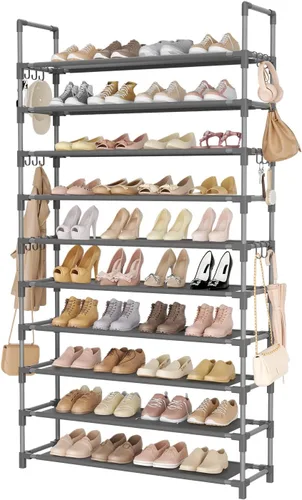 Vista 18 de LANTEFUL - Organizador de zapatos de 5 niveles, 12-15 pares, organizador de botas, estante resistente y estrecho para entrada, armarios con ganchos