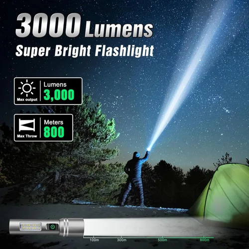 Vista 2 de Linterna recargable de alto lúmenes, 3000 lúmenes, linternas LED superbrillantes con 6 modos de luz, IPX6 impermeable, potente luz flash de mano