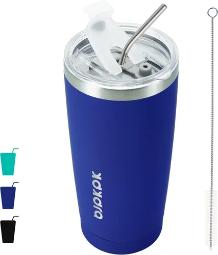 Vista 28 de BJPKPK Vaso térmico negro con tapa y pajita, de acero inoxidable, de 20 onzas, para café Pintura de caucho negro