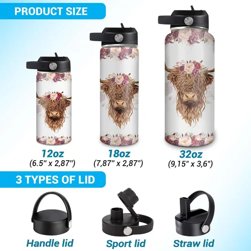 Vista 5 de Hyturtle Botella de agua personalizada de vaca Highland, botella de acero inoxidable aislada con tapa a prueba de fugas, 18 onzas, 32 onzas, regalo