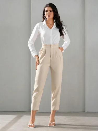 Vista 3 de SweatyRocks Pantalones recortados plisados de cintura alta con cremallera para mujer, elegantes bolsillos sólidos, pantalones de oficina