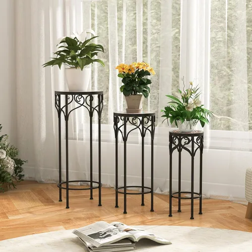 Vista 2 de Giantex Juego de 3 soportes de metal para plantas, de 28 pulgadas, soporte de flores alto de mosaico con parte superior de cerámica, mesa auxiliar