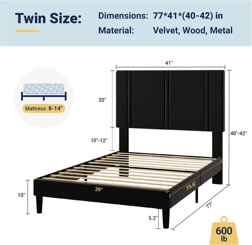 Vista 2 de Allewie Twin Platform Bed Frame with Velvet Upholstered Headboard