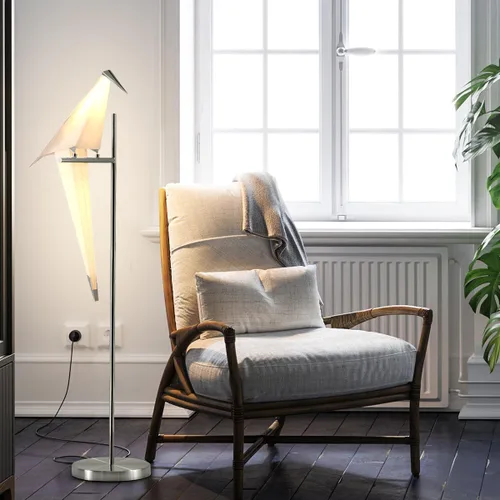 Vista 8 de Lámpara de pie LED creativa, lámpara de grúa de origami, material acrílico, poste alto de pie, lámpara de luz vertical para dormitorio, lectura