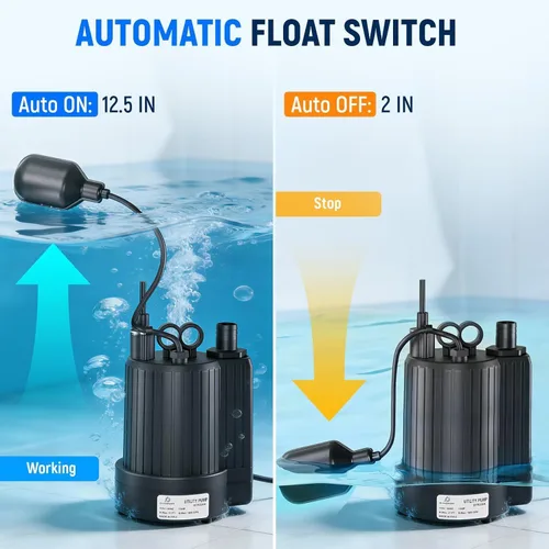 Vista 3 de D-HONOR Sump Pump, Submersible Water Pump 1/3 HP 1600 GPH with Float Switch Automatic Utility Pump for Pool, Pond, Garden, Flooded Basement
