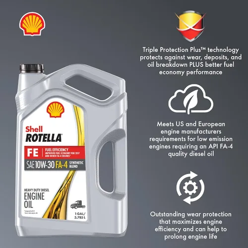 Vista 4 de Shell Rotella T5 FE 10W-30 Aceite de Motor Diésel de Mezcla Sintética, 1 Galón (Paquete de 3)