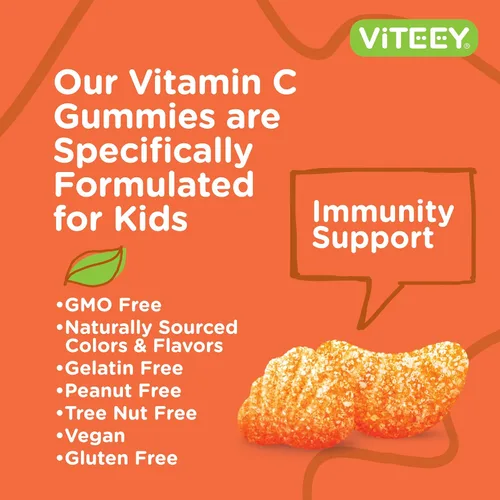 Vista 5 de Viteey Gomitas de vitamina C para niños, sabroso sabor a naranja masticable Apoyo inmunológico para niños, niños pequeños y adolescentes – Vegano