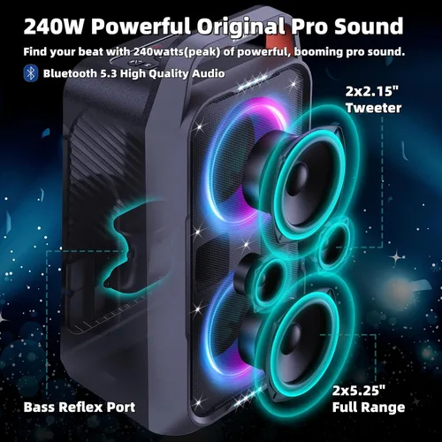 Vista 2 de Foxdawn Altavoz Bluetooth para fiestas: 240 W pico de sonido fuerte, graves profundos, tiempo de reproducción de 15 horas, carga rápida, IPX4