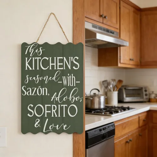 Vista 13 de Letrero de madera con texto en inglés «This Kitchen is Seasoned with Sazon Adobo Sofrito & Love» La Cocina española puertorriqueña para decoración
