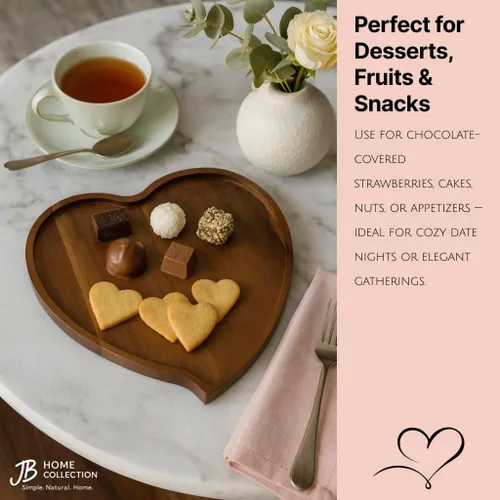 Vista 3 de JB Home Collection, Bandeja romántica de madera de acacia con forma de corazón, bandeja para servir aperitivos, pasteles, frutas, frutos secos