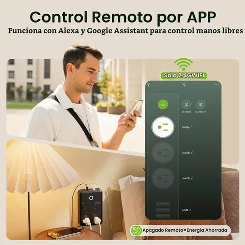 Vista 3 de GHome Smart Extensor de tomacorriente, protector de sobretensiones con 3 regletas inteligentes controladas individualmente y 3 puertos USB