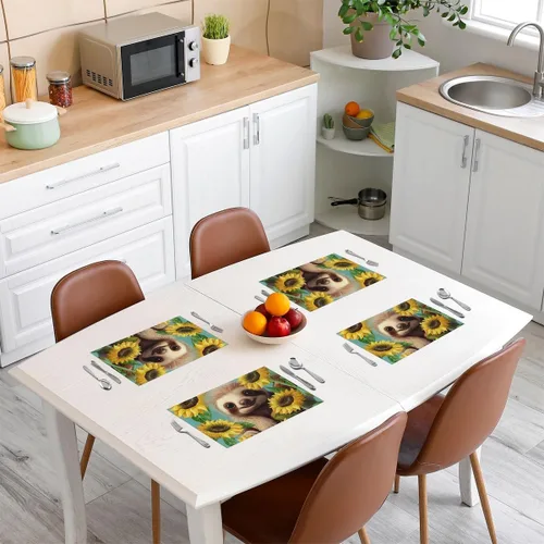 Vista 3 de Juego de 4 manteles individuales con diseño de perezoso y girasol, flores amarillas y plantas naturales, lavables, 12 x 18 pulgadas para decoración