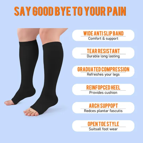 Vista 4 de Calcetines de compresión de cobre para mujeres y hombres, punta abierta, 15-20 mmHg, es el mejor apoyo para la recuperación de la circulación y uso