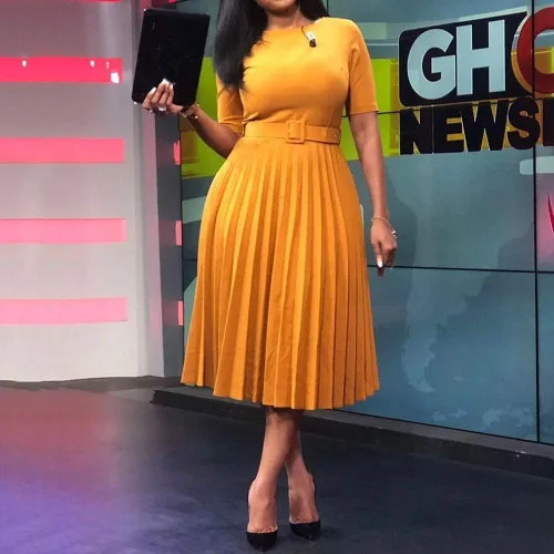 Vista 2 de VERWIN Vestido largo de manga corta con cuello redondo para mujer, vestido de cinturón liso plisado, Amarillo