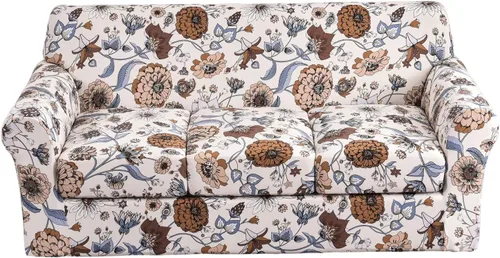 Vista 11 de KRFOONN Funda de sofá de 4 piezas con estampado para sofás de 3 cojines, funda elástica con 3 fundas de cojín separadas, protector de muebles