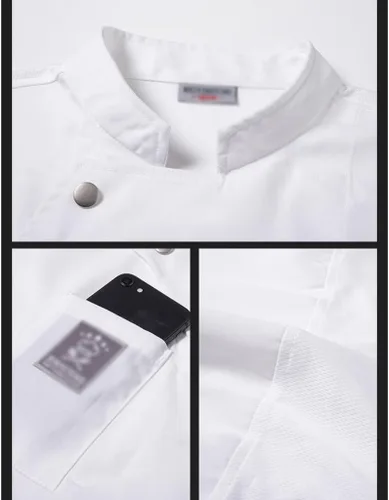 Vista 5 de Abrigo de chef unisex con bolsillos, camisa uniforme, chaqueta de chef, uniforme de verano para hotel, cocina, restaurante