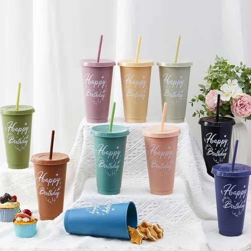 Vista 4 de Uiifan Paquete de 30 vasos de cumpleaños con tapas y pajitas, tazas de Color Morandi