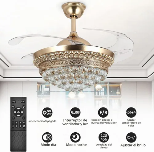 Vista 6 de Lámpara de techo invisible de 42 pulgadas con luz, ventilador de techo de cristal moderno, control remoto, 4 aspas retráctiles de ABS para Dorado