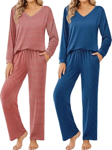 Vista 20 de Ekouaer Conjunto de 2 pijamas para mujer, pijamas de manga larga con camiseta y pantalones, cuello en V, pijamas suaves con bolsillos, ropa