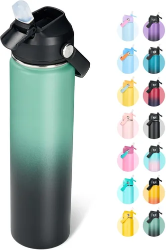 Vista 10 de Fijinhom Botella de agua aislada de acero inoxidable de 18 oz, de boca ancha, de doble pared, con vacío, con pajita de silicona, a prueba de sudor