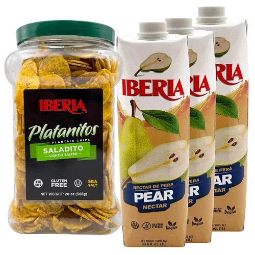 Vista 2 de Iberia Chips de plátano ligeramente salados, 20 onzas + néctar de mango Iberia 33.8 fl. oz, (paquete de 3)