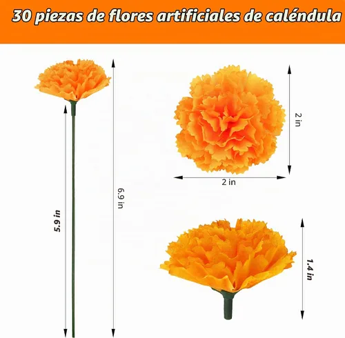 Vista 2 de 30 flores artificiales de caléndula de 2 pulgadas, cabezas de flores de caléndula de seda con tallos, flores naranjas artificiales para decoración