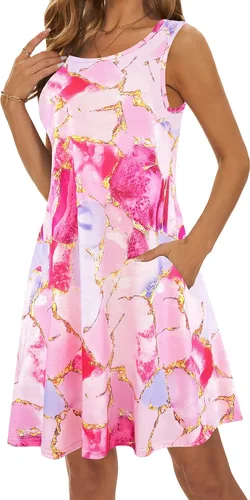 Vista 4 de Vestidos de verano para mujer, vestidos informales para la playa, salidas de baño, vestido acampanado y con vuelo, sin mangas, tipo camiseta