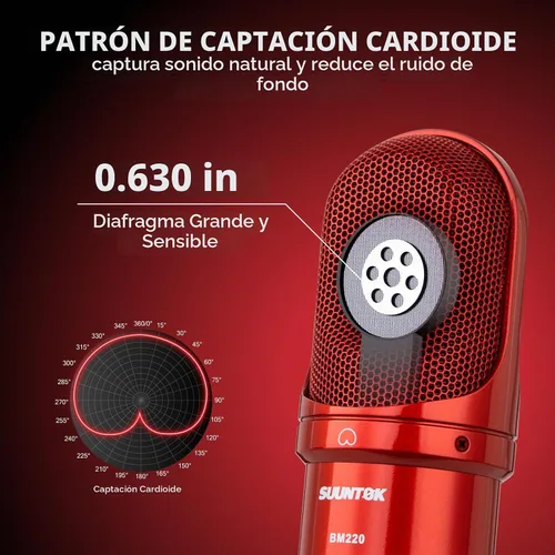 Vista 3 de SUUNTOK Micrófono de condensador XLR, micrófono de grabación con soporte de choque, kit de micrófono de estudio en casa para voz en off Rojo