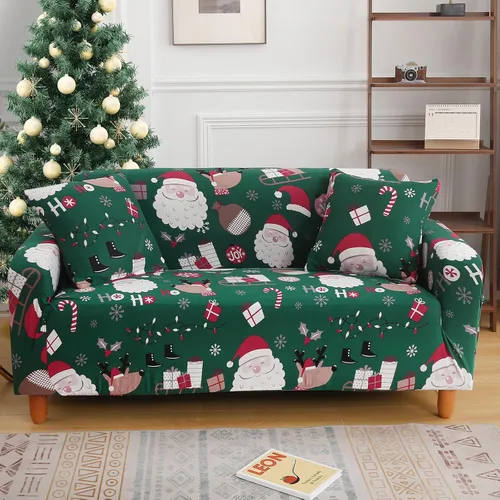 Vista 10 de Mybedsoul Funda de sofá de Navidad con estampado de Papá Noel, lavable, protector de muebles con parte inferior elástica, decoración navideña