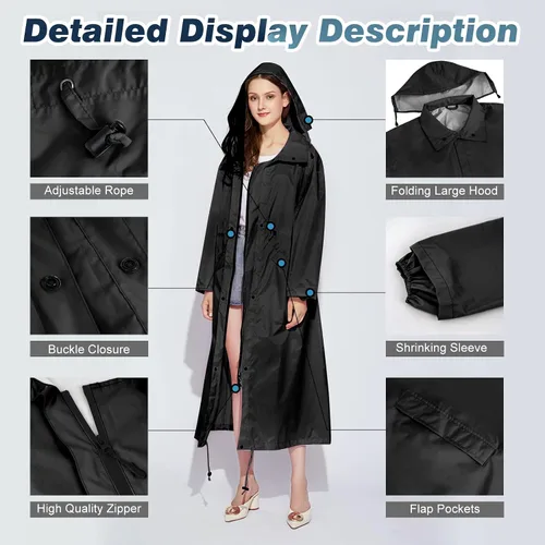 Vista 3 de LAMA Chubasqueros largos para mujer, impermeable, plegable, con capucha, rompevientos, ligera, ajustable, para exteriores