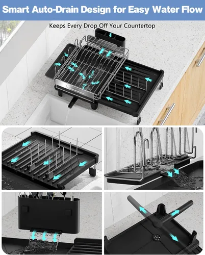 Vista 3 de Escurridor de platos expandible para encimera de cocina, acero inoxidable 304, placa retráctil abatible, ajustable multidireccional, estante