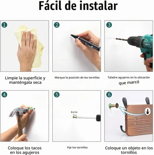Vista 6 de Gohiuo Perchero Rústico para Montaje en Pared, Ganchos de Pared de Madera con 5 Ganchos Triples, Perchero de Madera Resistente para Colgar