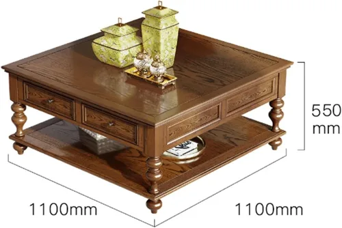 Vista 3 de Mesa de té para sala de estar, mesa de centro vintage de campo, mesa de centro cuadrada de madera de 43.3 pulgadas, mesa central con cajones