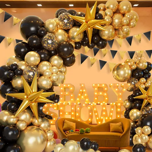 Vista 6 de Kit de arco de guirnalda de globos negros y dorados con globos de estrella en explosión, globos de látex de confeti de oro negro de 5/10/12/18