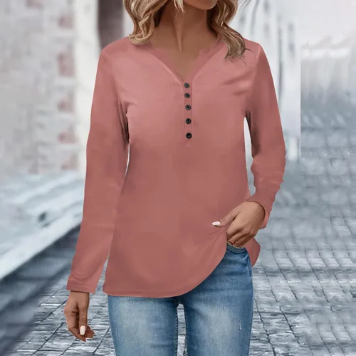 Vista 5 de Womens Long Sleeve T-Shirts V-Neck Botton Sweatshirt Solid Vintage Shirt Oversized Casual Top Comfy Cute Blouse