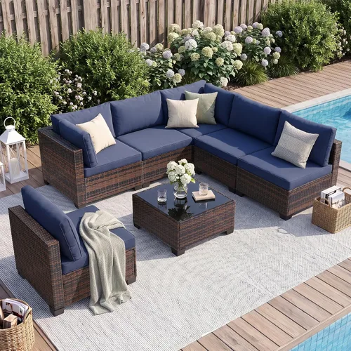 Vista 9 de FHFO 7 Piece Patio Furniture Set, Outdoor Wicker Sectional Sofa Set 1/ Gris Gris Claro