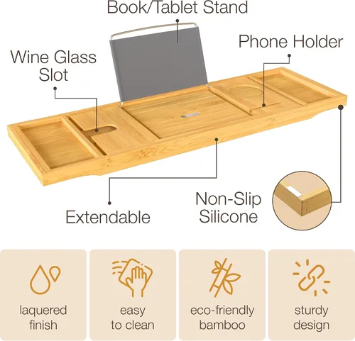 Vista 4 de Bambüsi Mesa de bandeja de bañera, plegable y ajustable, bandeja de bañera de bambú plegable, accesorios de bañera de madera, regalos únicos