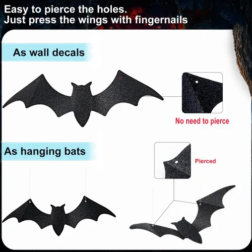 Vista 3 de DIYASY 56 piezas de murciélagos grandes para decoración de pared, murciélagos colgantes con purpurina para Halloween, calcomanías de murciélagos