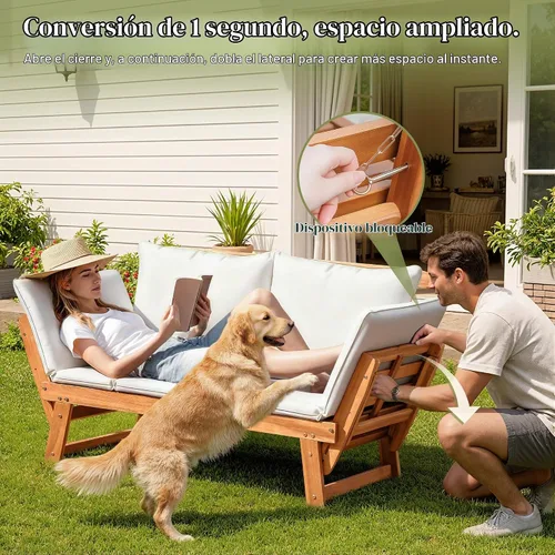 Vista 4 de Flamaker Sofá de exterior con reposabrazos ajustables, sofá biplaza de madera de acacia para patio con cojines suaves, muebles de patio convertibles