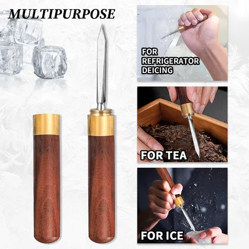Vista 5 de Picadora de hielo de acero inoxidable con mango de madera, ideal para romper hielo, herramienta de cocina, paquete de 3