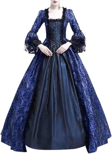 Vista 2 de CZHJS Vestido medieval para mujer, vestido victoriano de encaje de manga larga, vestido retro gótico delgado, vestido de túnica renacentista hasta
